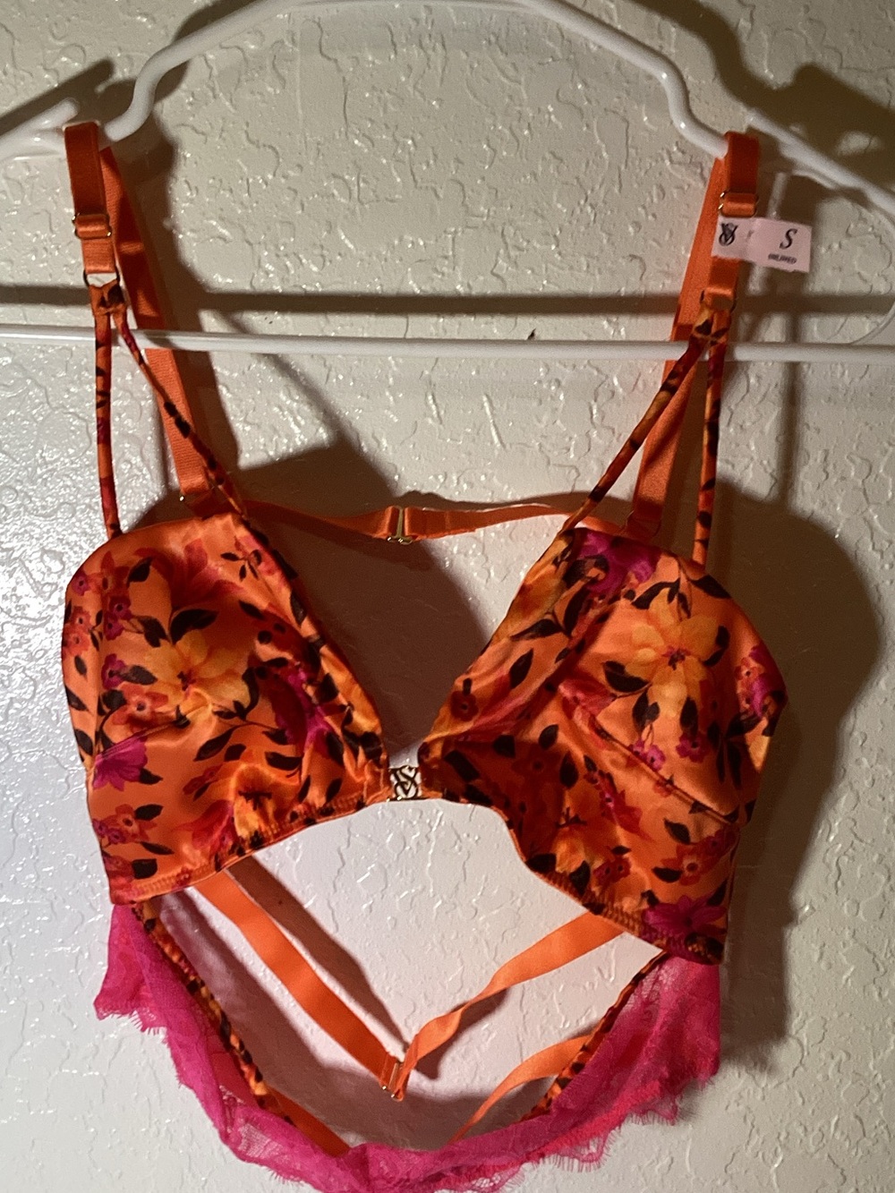 Victoria's Secret Orange Floral Satin Bralette with Pink Lace